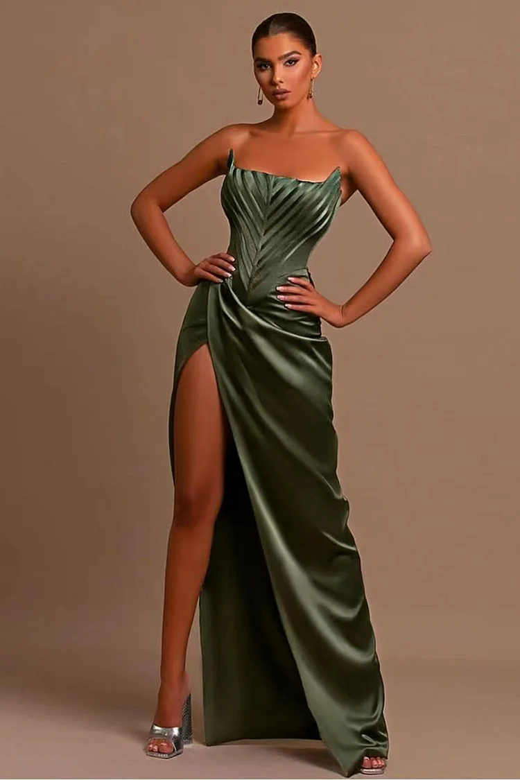Irregular Neck Seam Corset Strapless High Slit Satin Evening Gown Slim Maxi Dresses