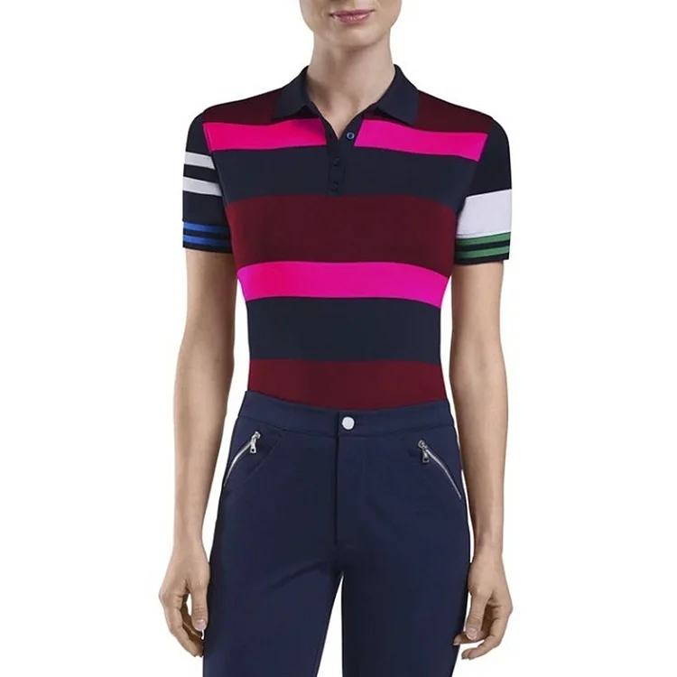 Vefave Stand Collar Contrasting Multicolor Stripes POLO Shirt