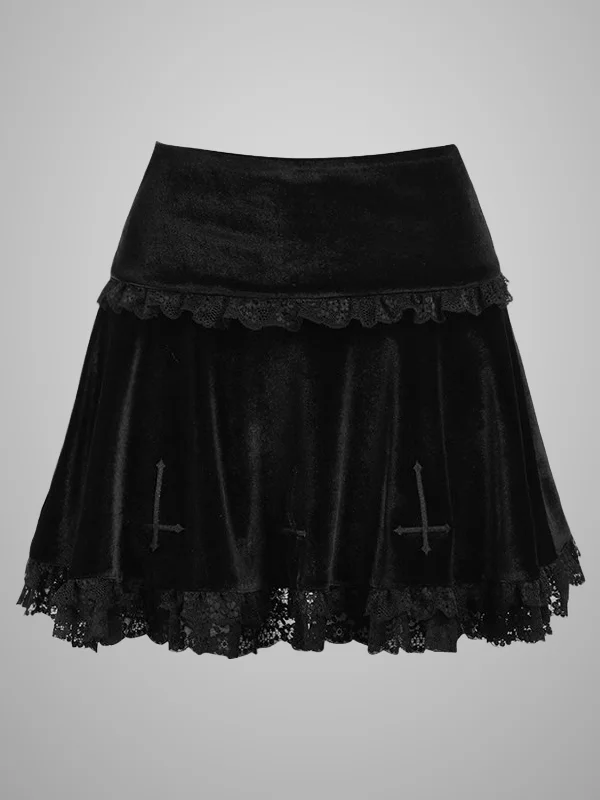 Goth Velvet Lace Cross Embroidery Ruched High Waist Skirts