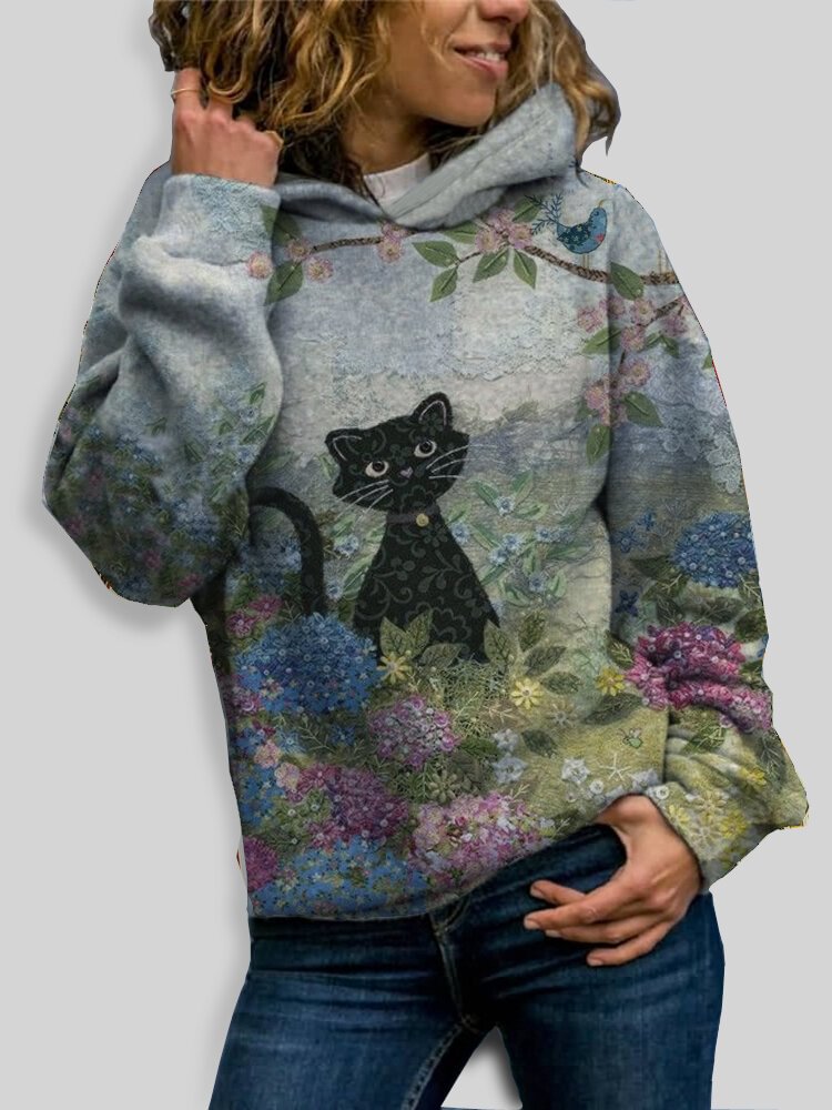 Flower Cat Print Casual Long Sleeve Hoodie For Women