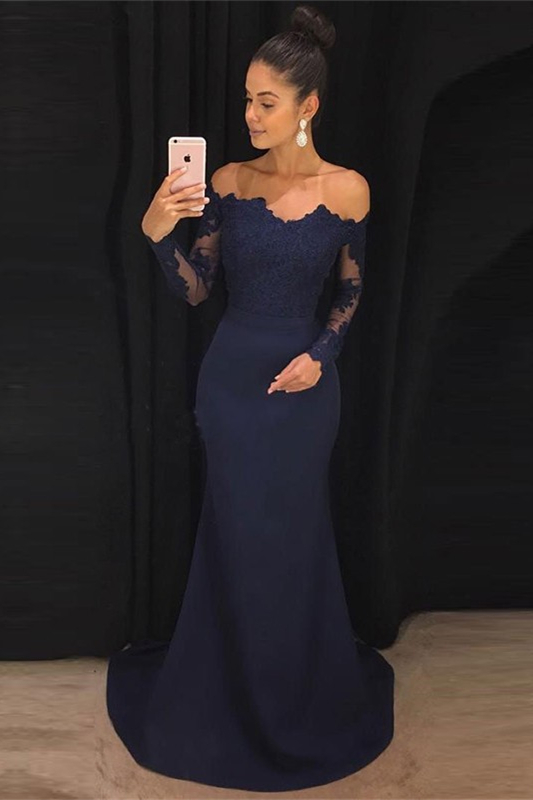 Dresseswow Navy Long Sleeves Off-the-Shoulder Mermaid Evening Dress Lace Appliques