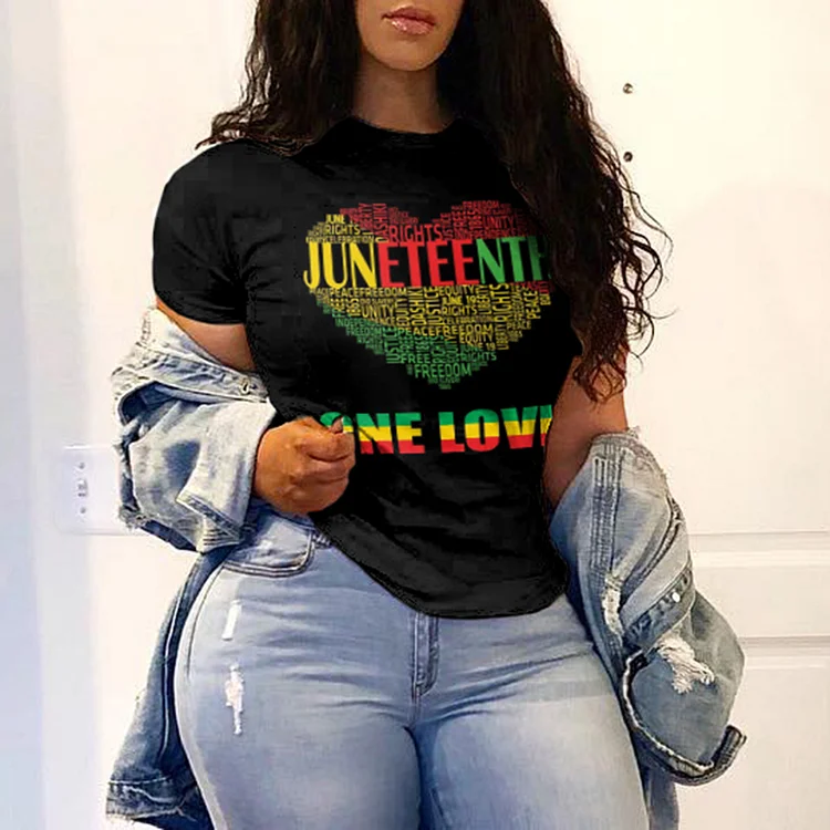 Vefave Juneteenth Heart Print Short Sleeve T-Shirt