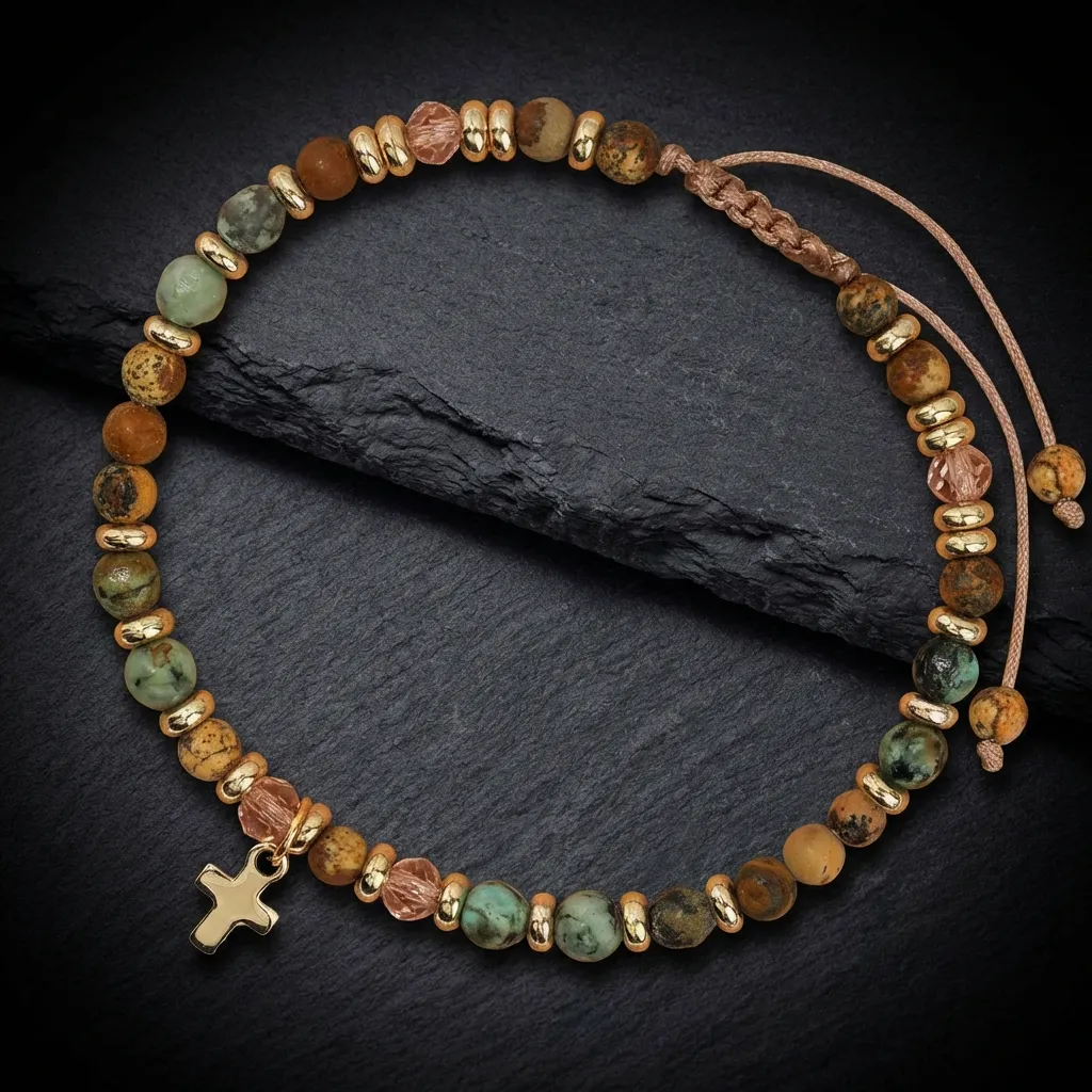 JiStones "Vibrant Horizon" Natural Turquoise & Gemstone Braided Bracelet with Gold Accents Signature Turquoise & Gold Cross