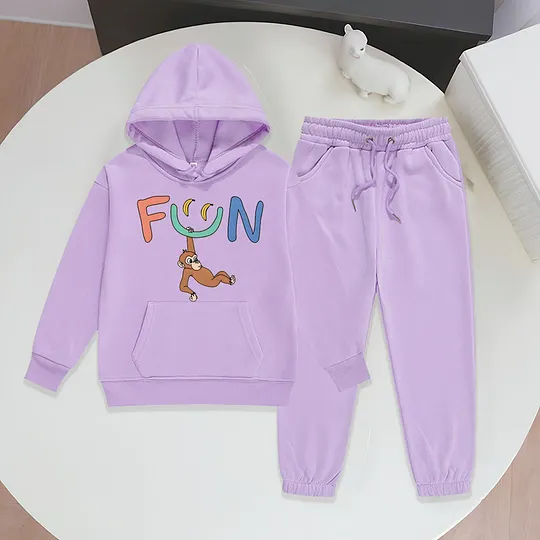 【2Y-13Y】Festive Fleece-Lined Hoodie And Jogger Set With Fun Banana Monkey Cartoon Design For Kids