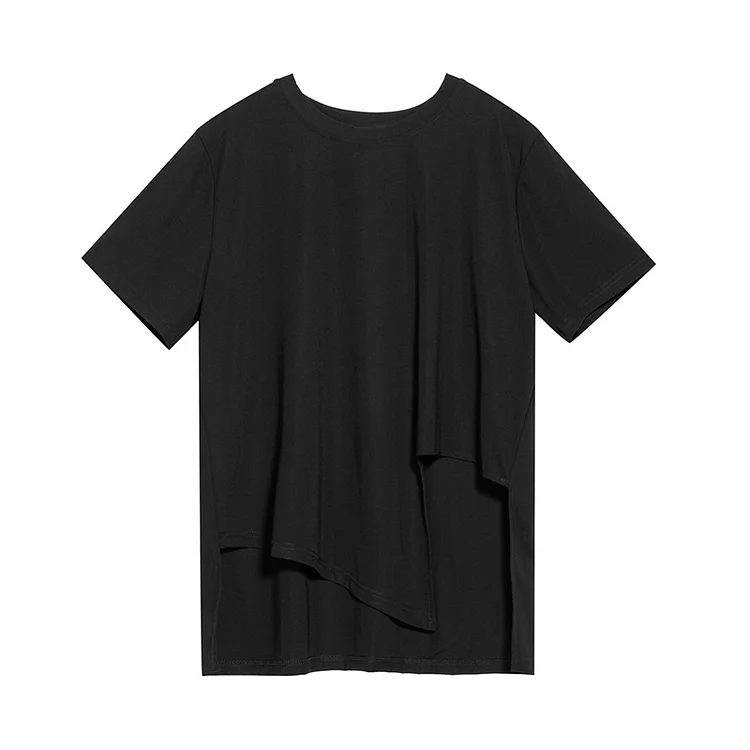 Irregular Solid Color Round Neck Short Sleeve T-shirt