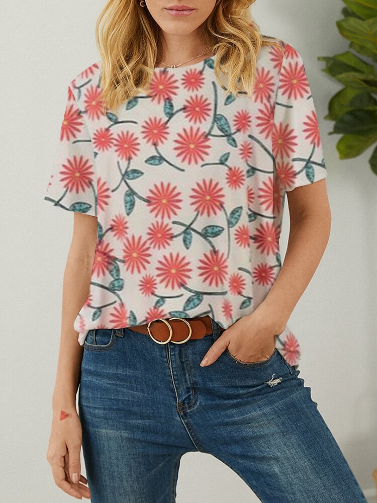 Short Sleeve Women O neck Calico Print Casual T Shirt P1846939