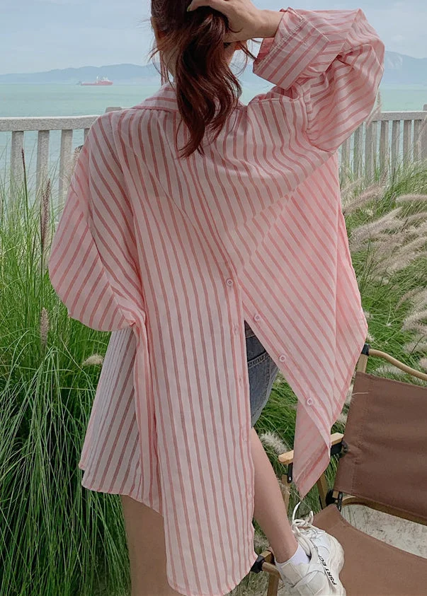 Loose Pink Button Pockets Cotton Blouses Long Sleeve