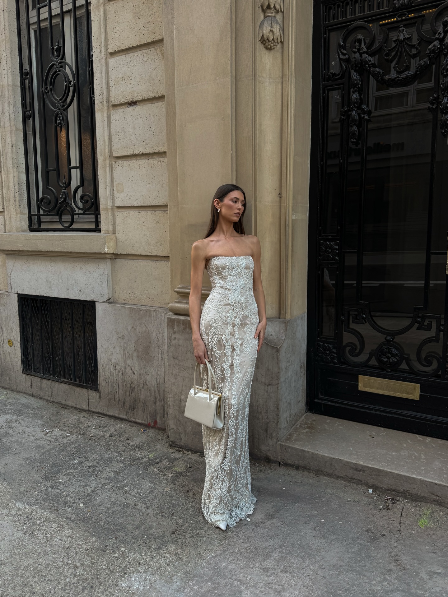 ivory long prom dresses Classic Straight Across Strapless Lace Beadings Dress YK1113 Kissprom