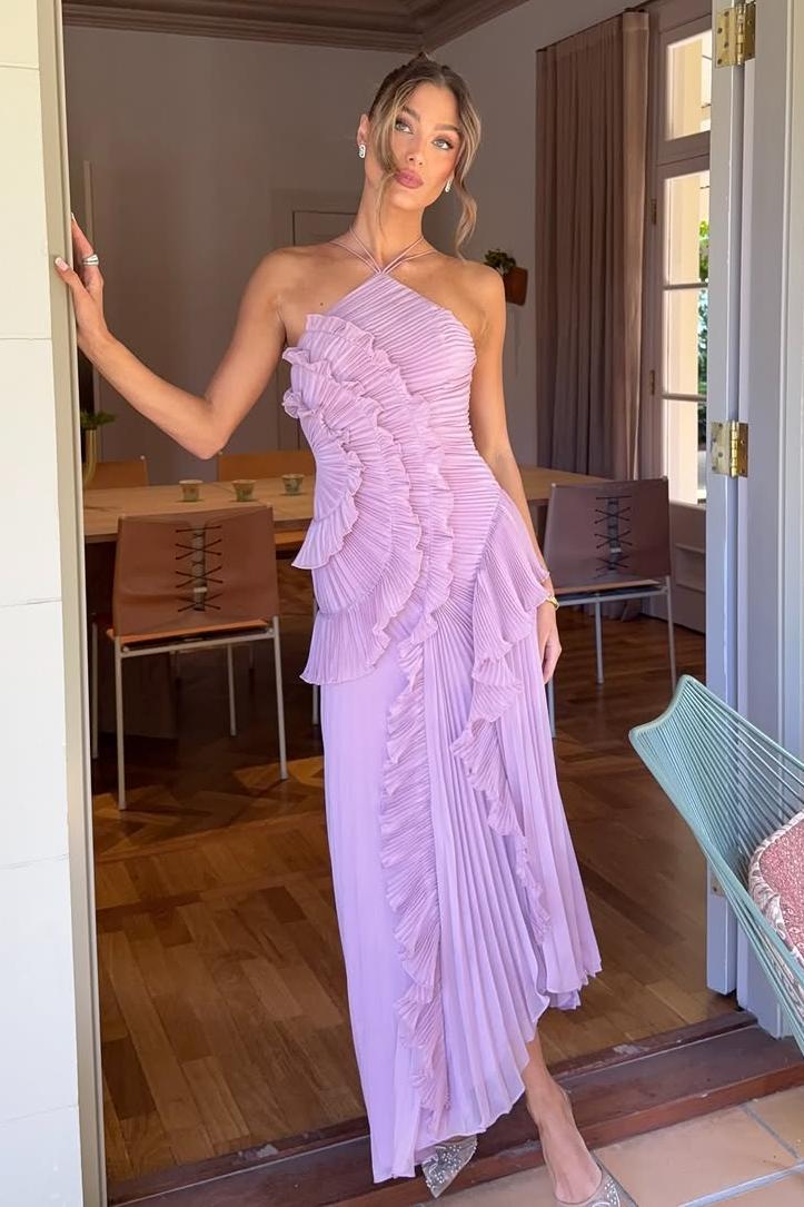 Lvs&Broner Stunning Halter Sleeveless Long Prom Dress With Pleated Ruffles