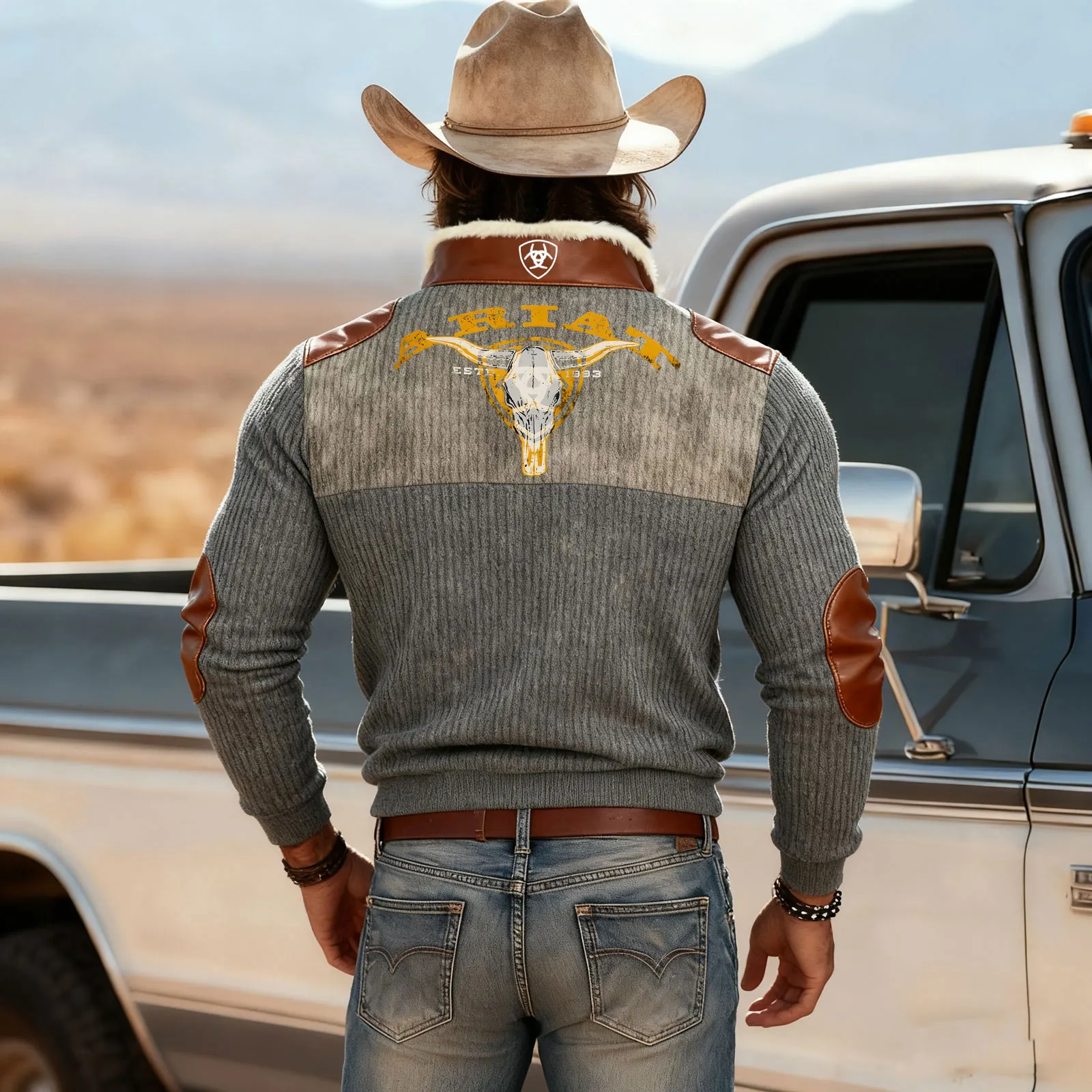 Men's Western-style Pullover With A Bull Skull Pattern.