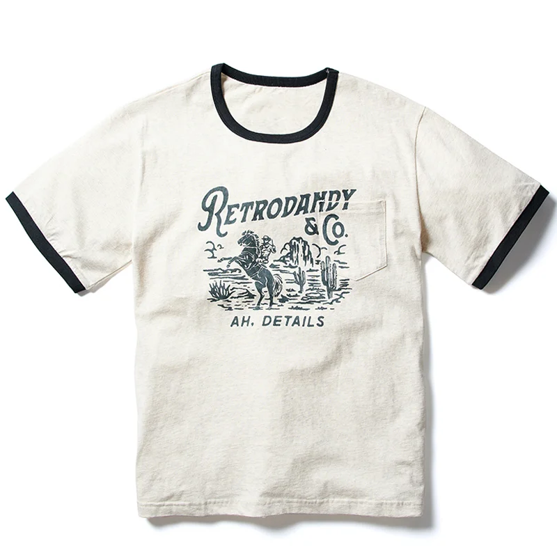 American Vintage Cotton Print Pocket Short Sleeve T-Shirt