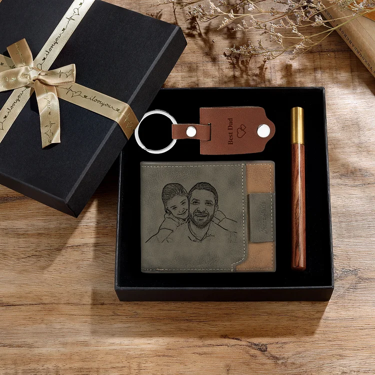 Personalized 2 Texts & 2 Photos & 1 Name & 1 Letter Gift Box Set Custom Wallet & Keychain & Pen Gift Set Gift for Father/Grandpa