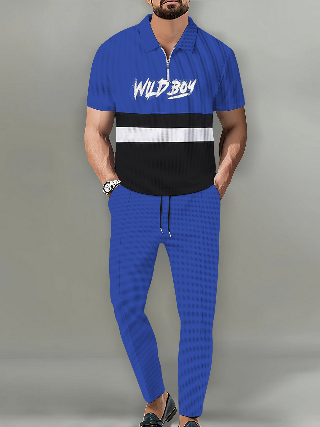 Men's Casual Color Block Letter Polo Shirt and Trousers Two Piece Set 003