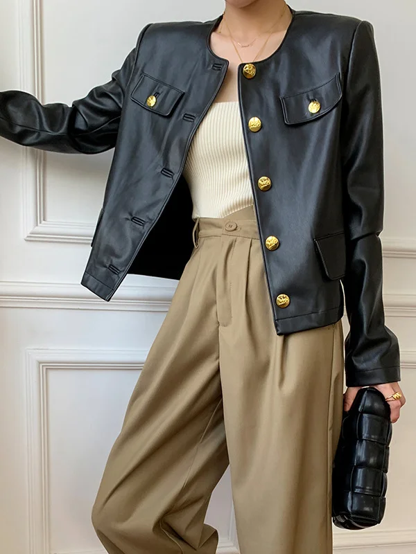 Casual Single-Breasted PU Leather Suit Jacket