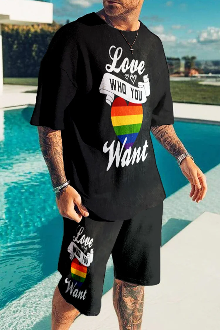 Love Who You Want Print T-Shirt And Shorts Two-Piece Set