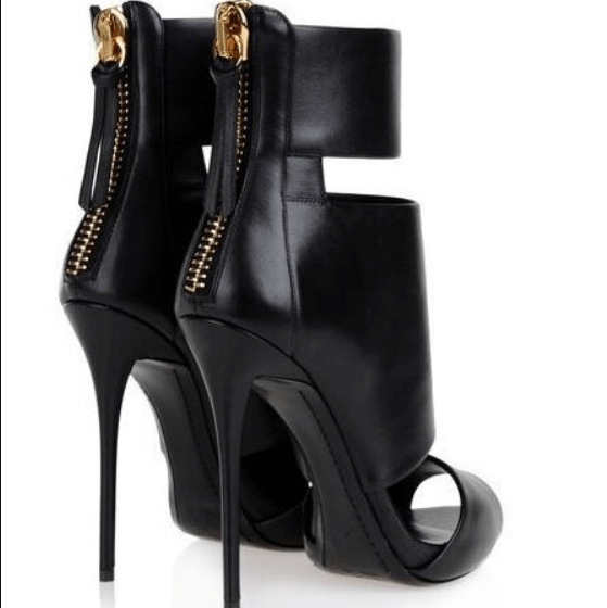 VCSHOES Black Cutout Peep Toe Leather High Heel Sandals