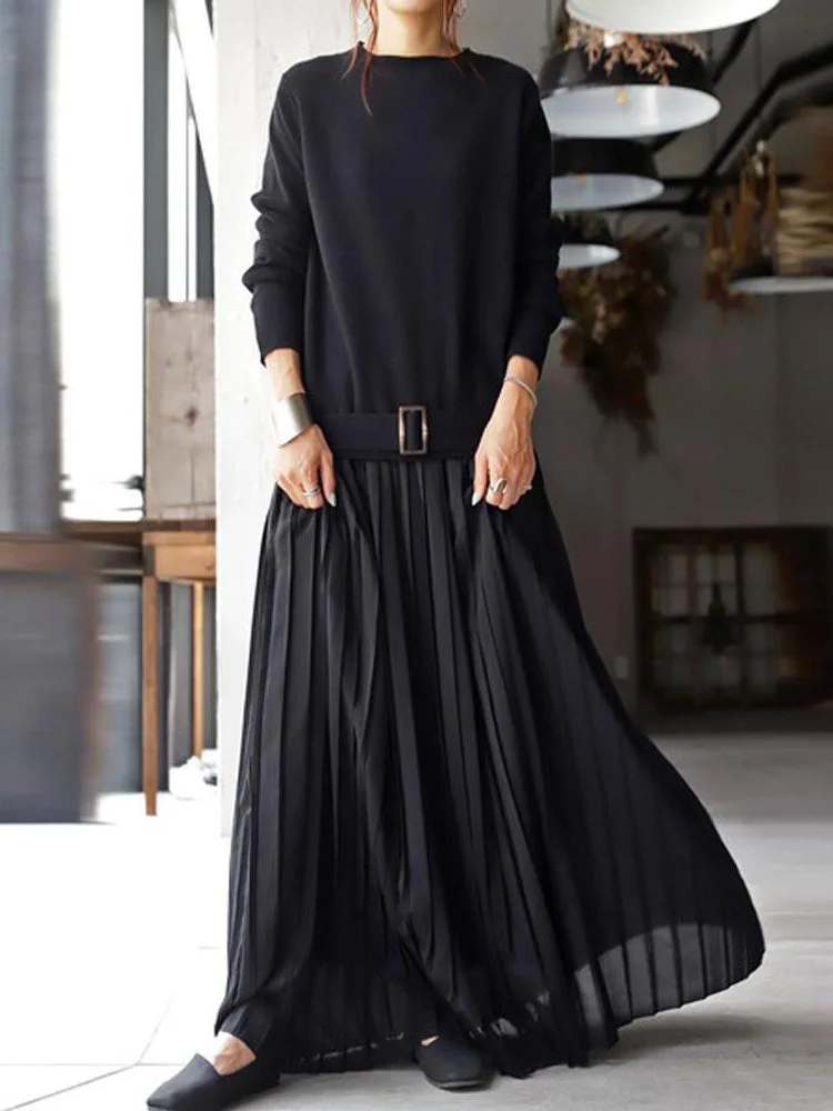 Elegant Round Neck Belt Solid Pullover Knit Panel Long Sleeve Pleated Dress