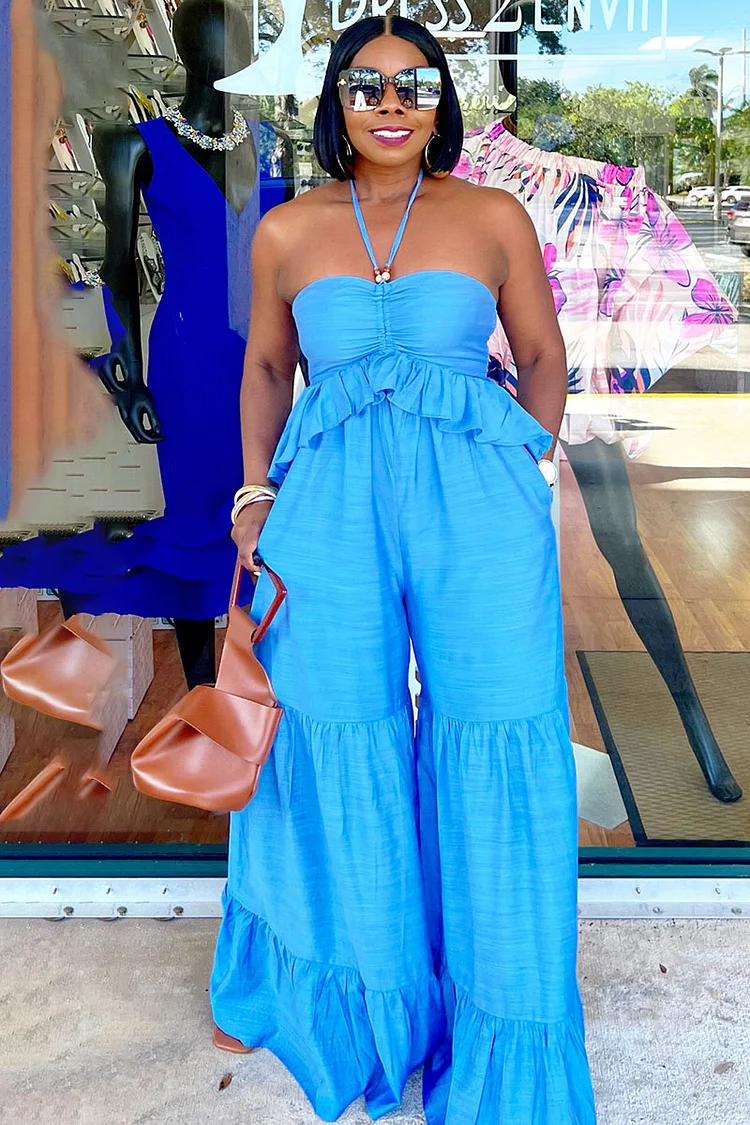Halter Ruched Ruffle Vacation Pleated Wide Leg Jumpsuit-Blue [Pre Order]
