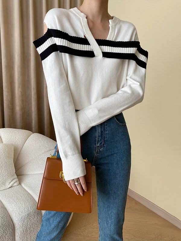Contrast Color Hollow Split-Joint Long Sleeves Cold Shoulder Sweater Tops Pullovers Knitwear
