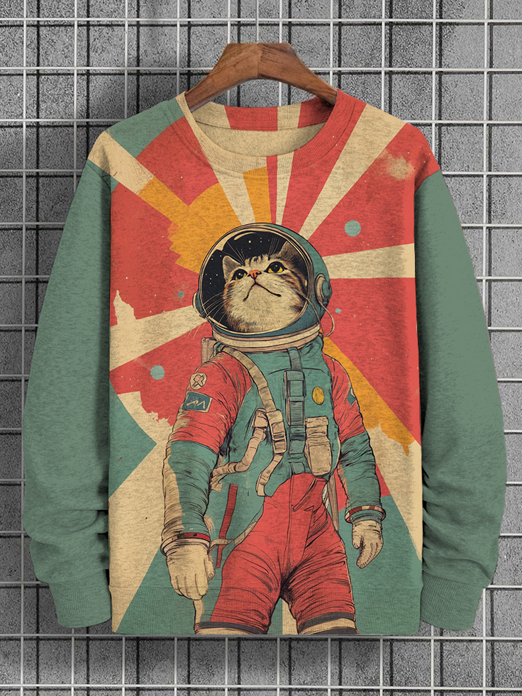 Men s Legendary Cat Astronaut Color Block Art Print Casual Sweatshirt