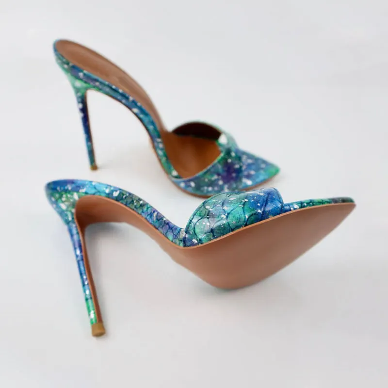 VCSHOES Pointed Open Toe Thin Heels Slippers Super High Heel Extra Blue Starry Sky Mules