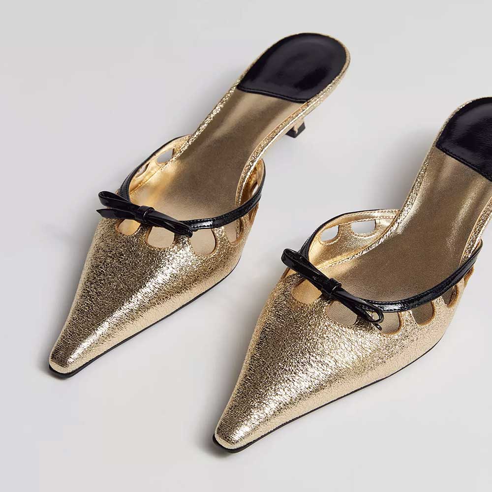 Gold Black Cutout Pointy Toe Bow Kitten Heel Mules for Women