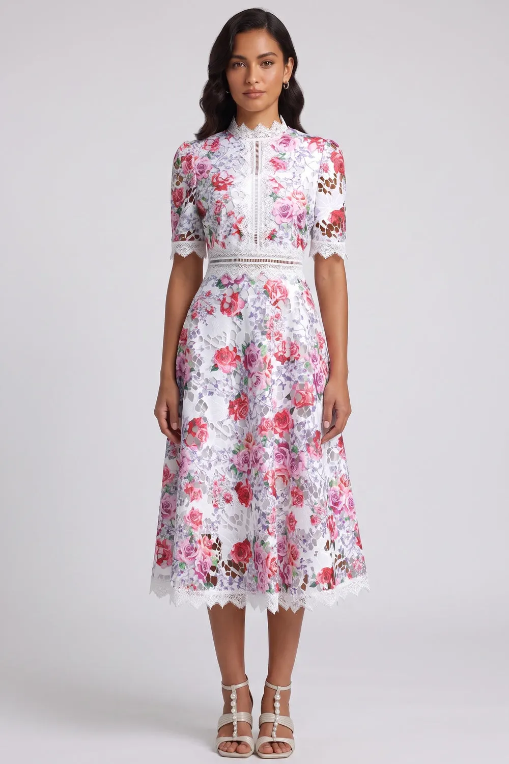 White Guipure Lace Floral Midi Dress