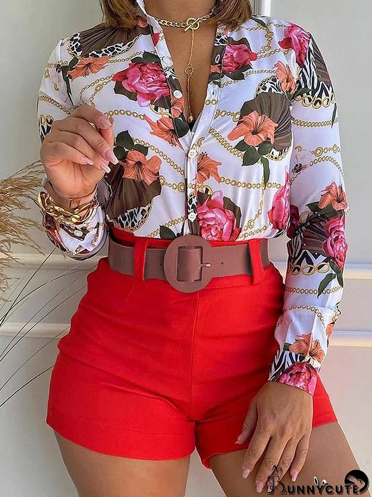 Long Sleeves Buttoned Flower Print Deep V-Neck Shirts Top +Belted Shorts Bottom Two Pieces Set