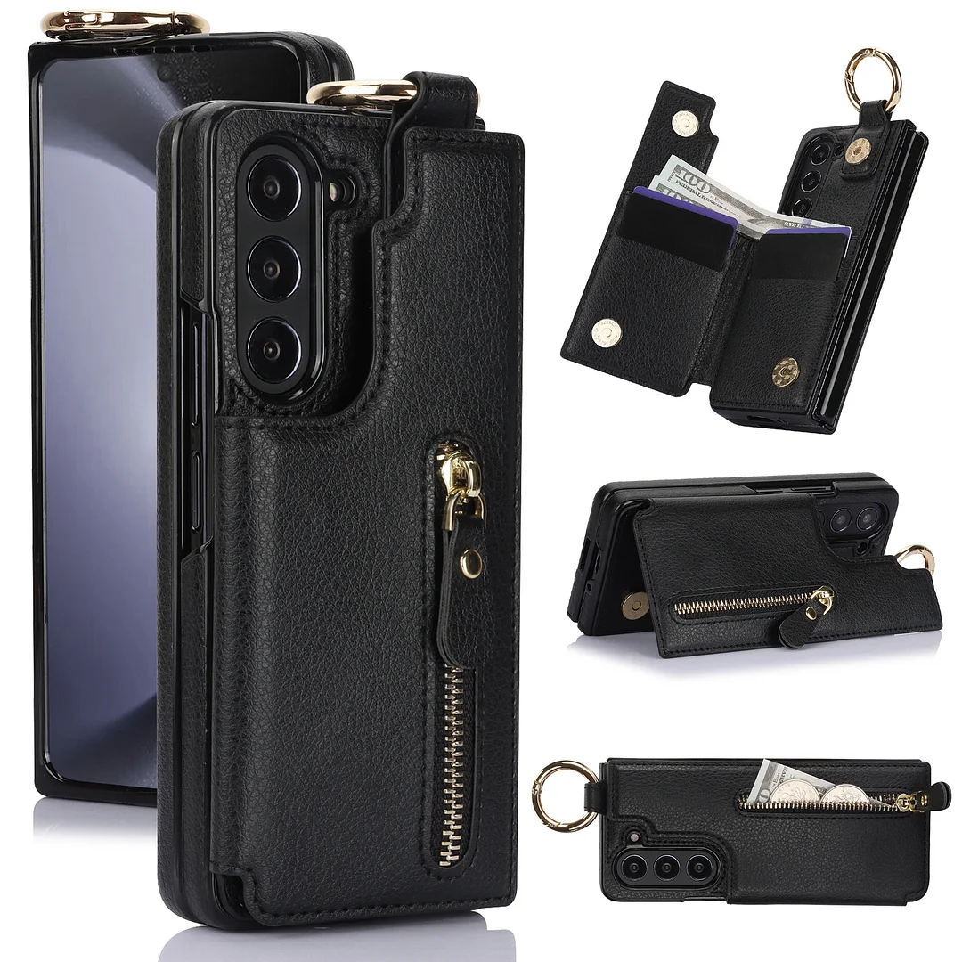 Luxury Retro Leather Phone Case With 4 Cards Slot,Zipper Slot,Kickstand And Hangable Finger Ring For Galaxy Z Fold3/Z Fold4/Z Fold5
