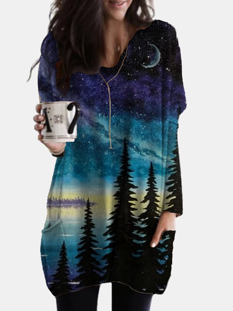 Casual Landscape Printed Long Sleeve V neck Pocket Blouse For Women P1735169