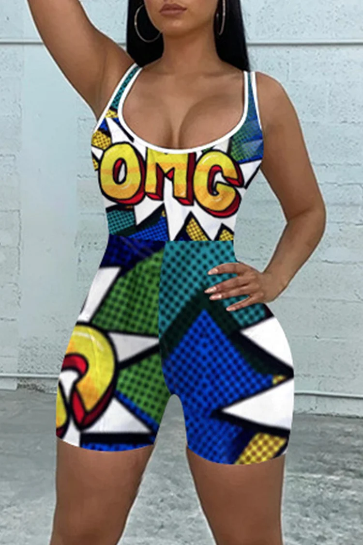 Blue Sexy Casual Print Backless U Neck Skinny Romper