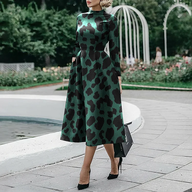 Vefave Casual Leopard Print Long Sleeve Midi Dress