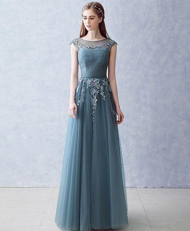 A Line Tulle Lace Long Prom Dress, Lace Evening Dress