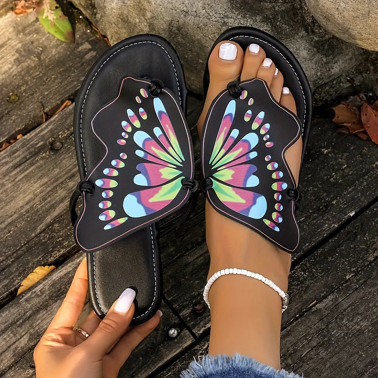 Women's Butterfly Design Thong Sandals, Slip On Soft Sole Lightweight Casual Slides, Summer Beach Comfy Shoes