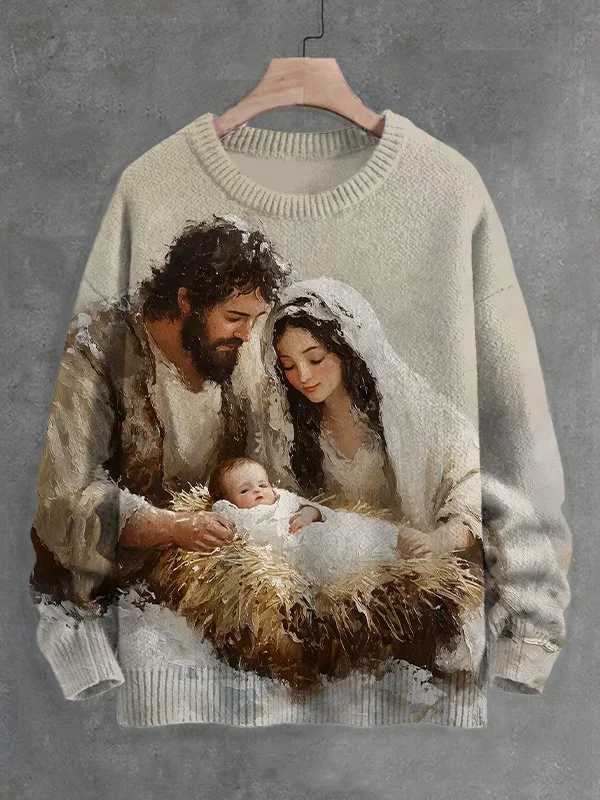 Men's Christmas Jesus Nativity Oil Painting Art Print Knit Sweatshirt