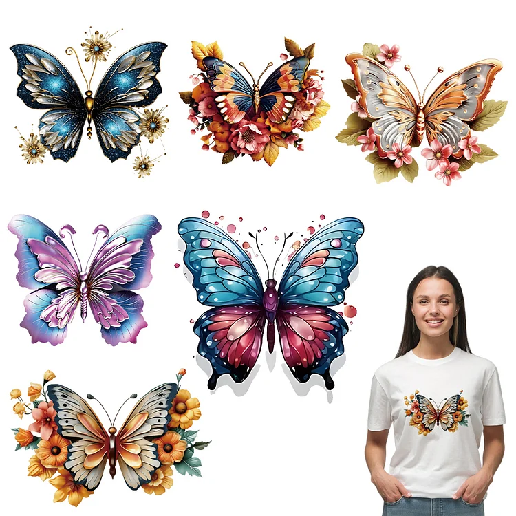 6 Sheets Butterfly Iron on Patches Heat Transfer Vinyl Patch Sticker for T-Shirt