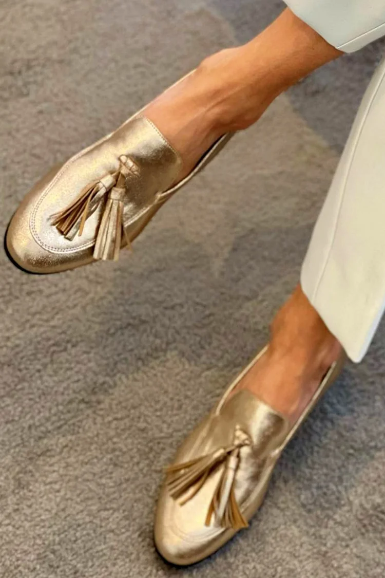 Metallic Sheen Tassels Decor Stitch Detail Gold Loafers