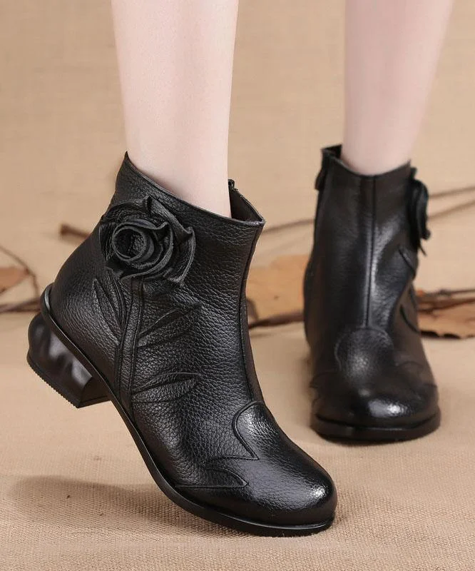 Comfortable Splicing Chunky Boots Black Cowhide Leather
