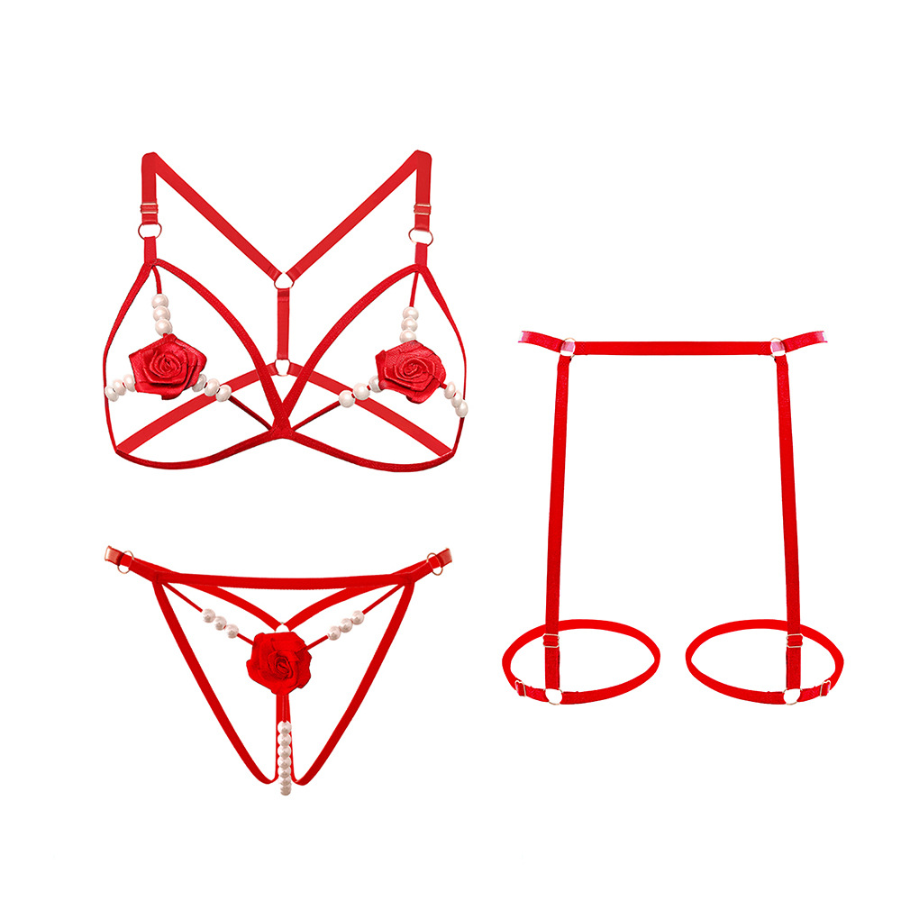 Lovingerie - Rose Beaded Three-piece Hollowed-out Lingerie Set