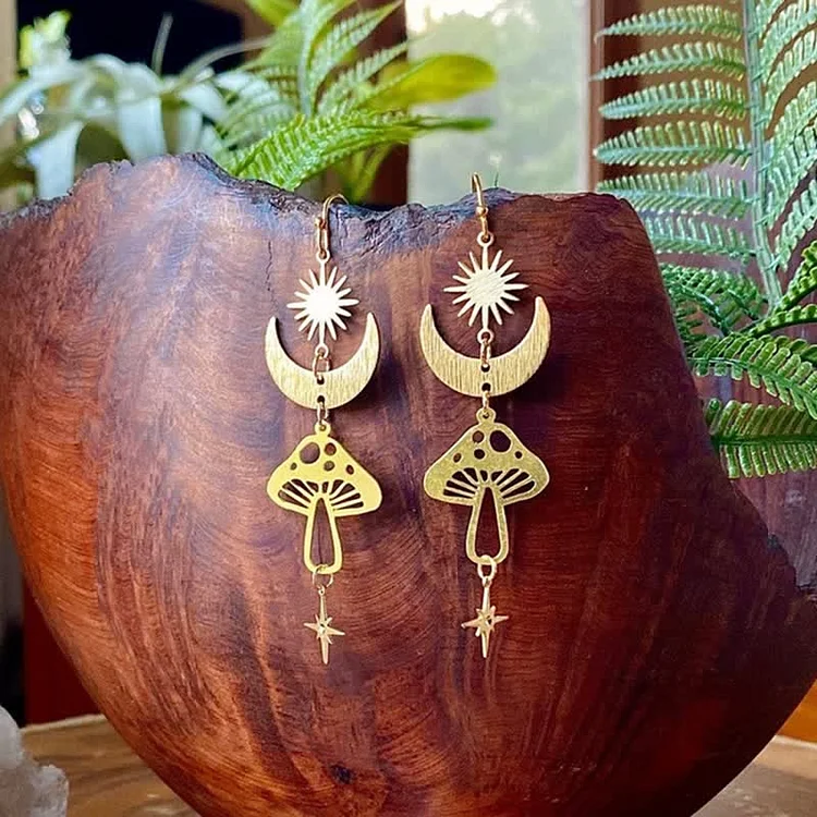 Olivenorma Bohemia Gold Mushroom Moon Star Earrings