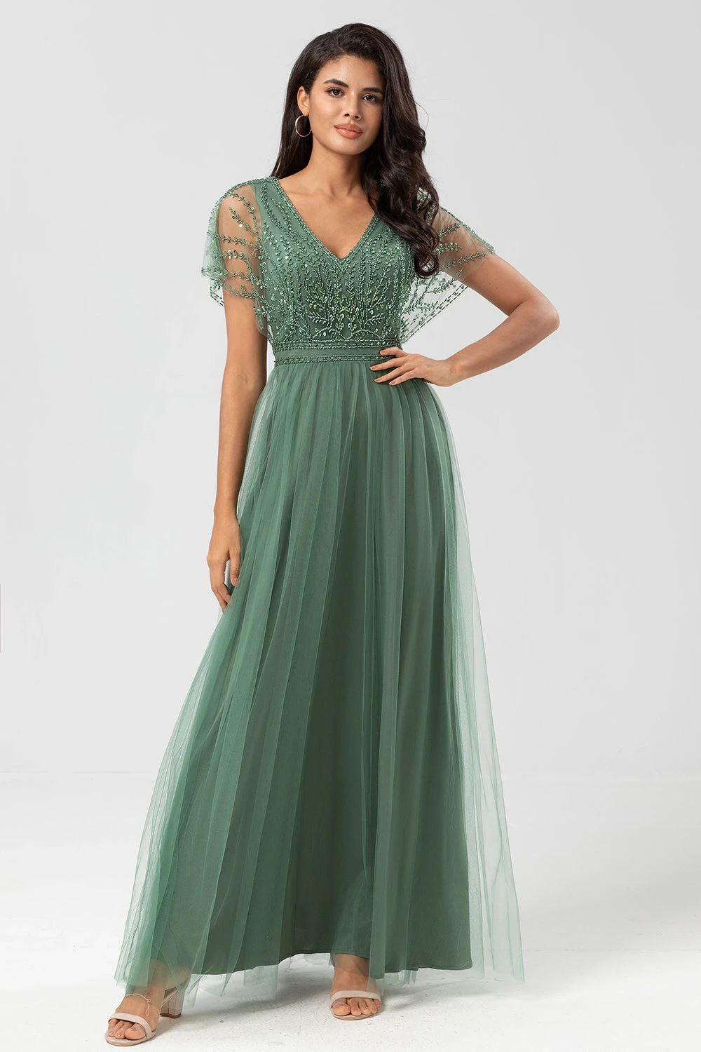 Daisda Tulle V-Neck High-Waisted Long A-Line Embroidery Mother Of The Bride Dress With Sequins