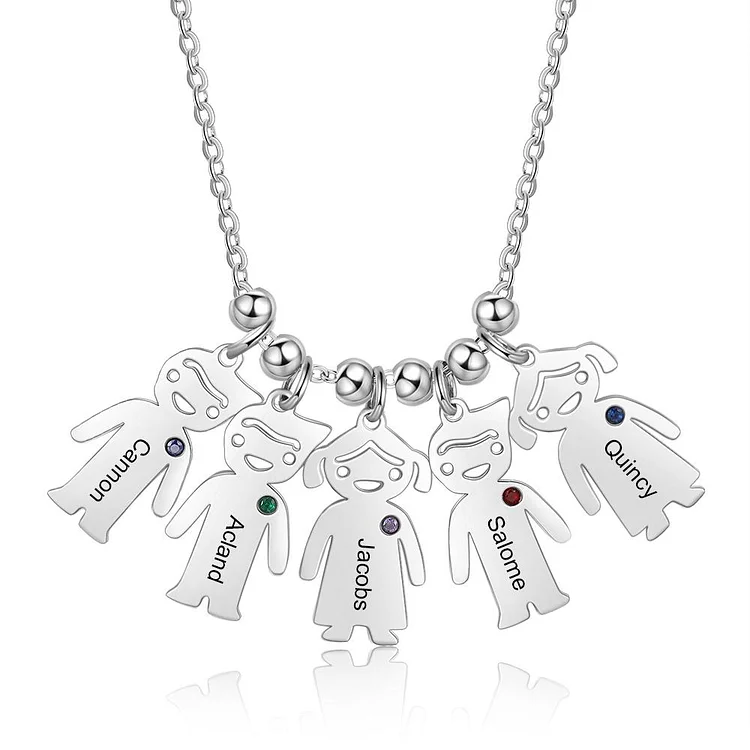 Mother Necklace with 5 Kids Charms Engraved 5 Names Personalized 5 Birthstones