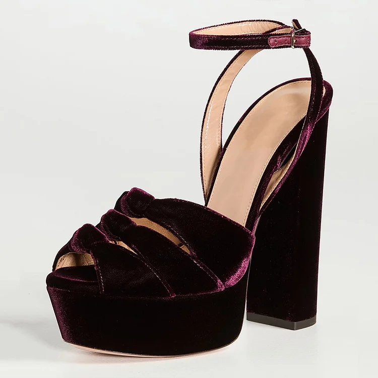 Burgundy Velvet Peep Toe Knotted Platform Sandals with Chunky Heels |FSJ Shoes