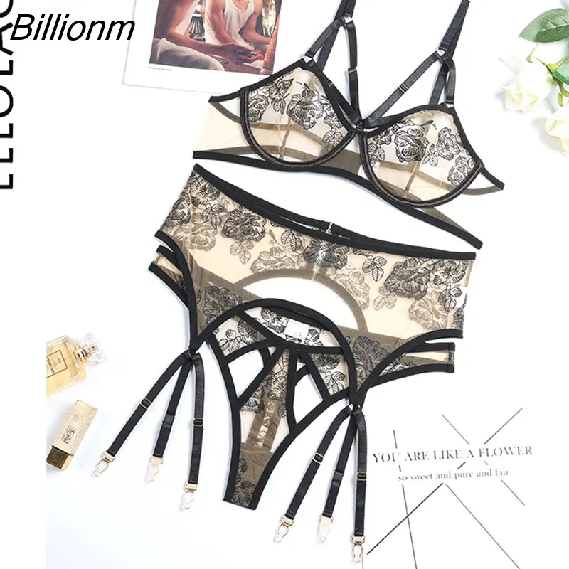 Billionm Erotic Lingerie Set Woman 3 Pieces Sensual Embroidery