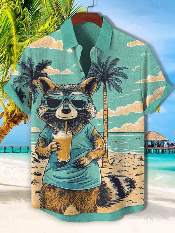 Men's Beach Raccoon Drinks Juice Vacation Style Print Short Sleeve Shirt