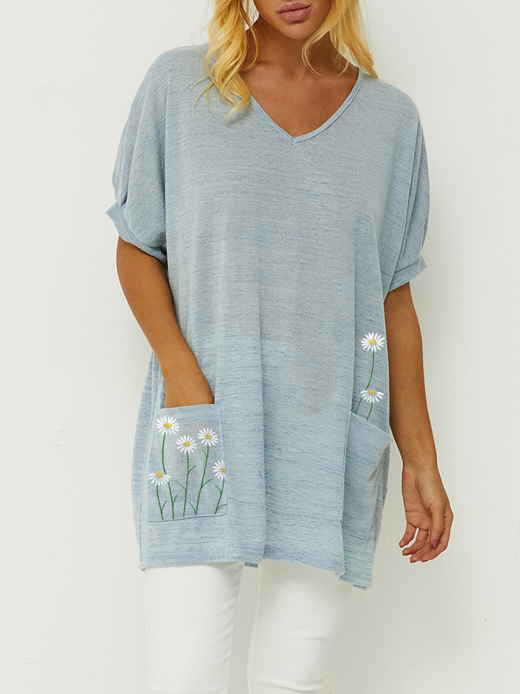 Daisy Print Short Sleeve V neck Loose T shirt For Women P1664251