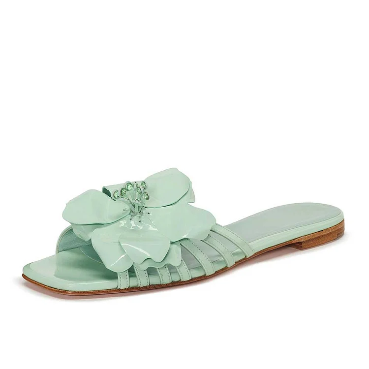 Light Green Patent Leather Rhinestone Floral Flat Mules Sandals |FSJ Shoes