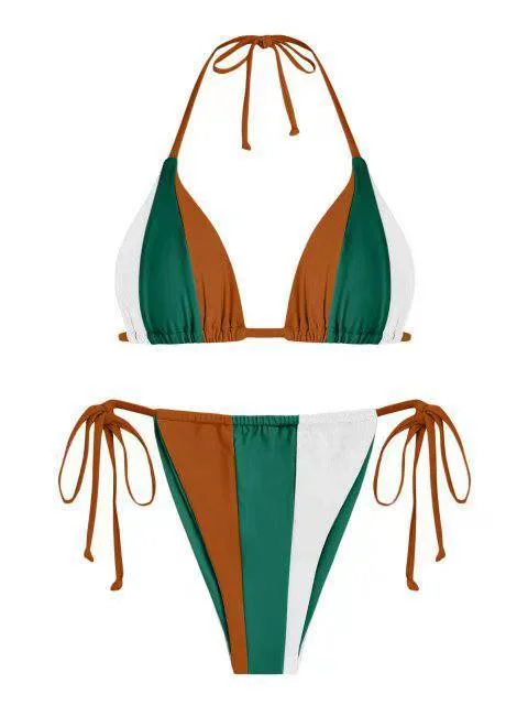 Plain Color Patchwork Open BackSplit Bikini
