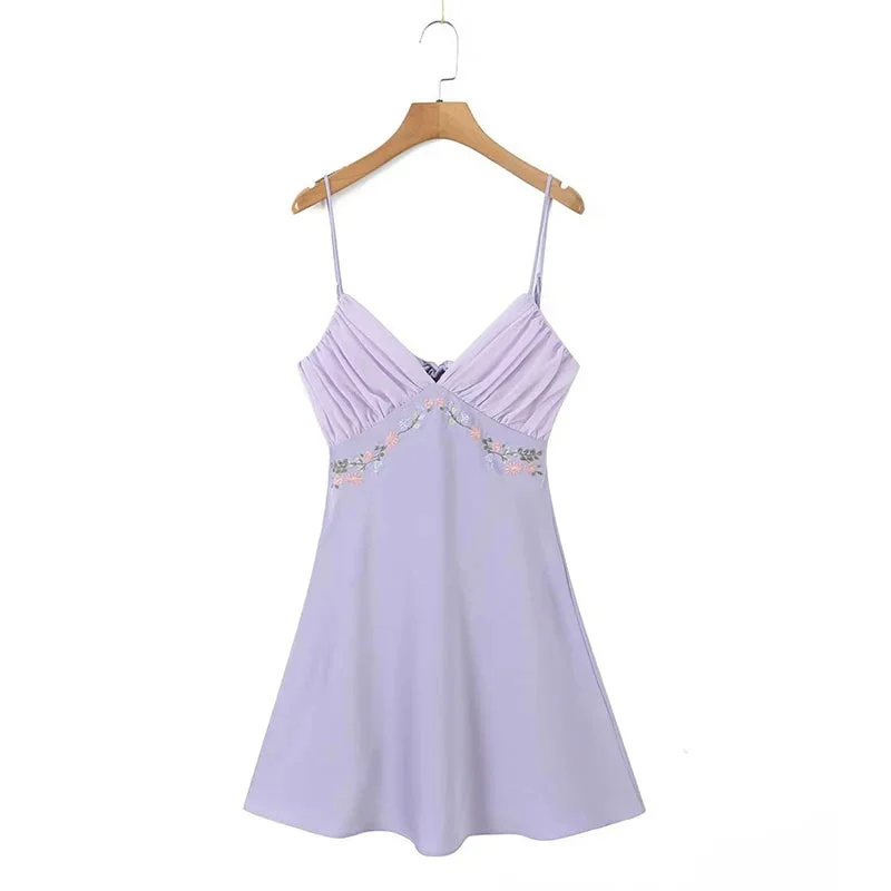 Tlbang 2024 Women Floral Embroidery Purple Sling Mini Dress Sexy Backless V Neck Female Summer Dress Holiday Robe LDZZ7038