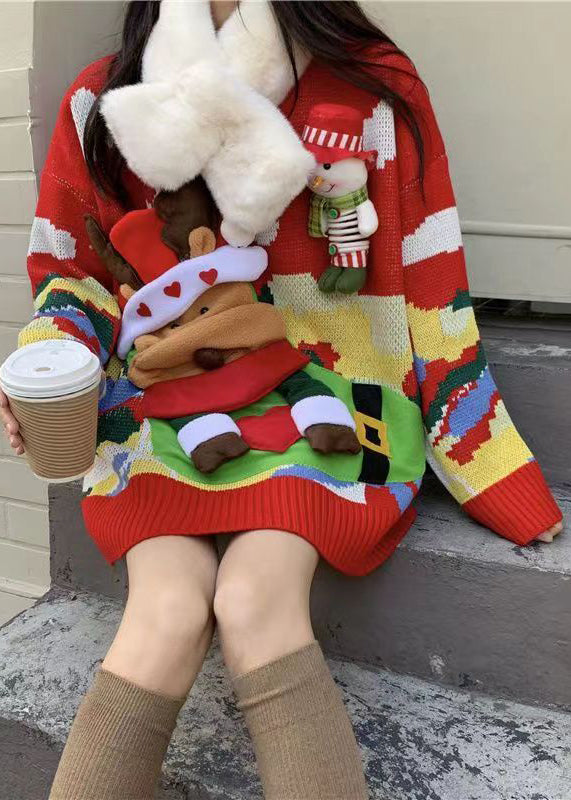 Lien® | Women's oversized Christmas elk embossed knitted sweater with snowman crew neck main image 1